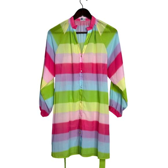 Colorful Rainbow Stripe Tunic Surf Resort Beach Sheer CoverUp M Pastel Colorful - Picture 2 of 15